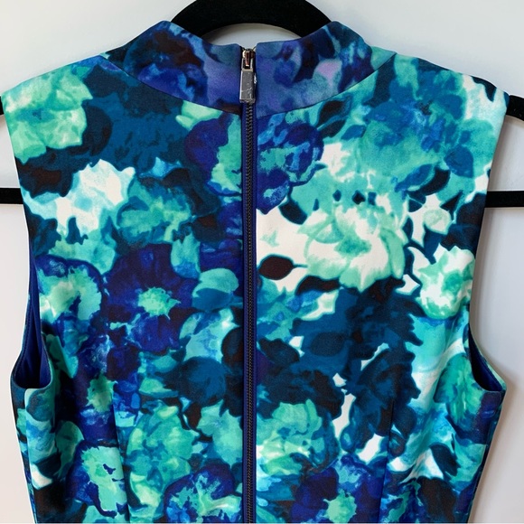 SZ 6 VINCE CAMUTO SLEEVELESS V-NECK LINED SHEATH MIDI DRESS BLUE GREEN TURQUOISE - Picture 4 of 8